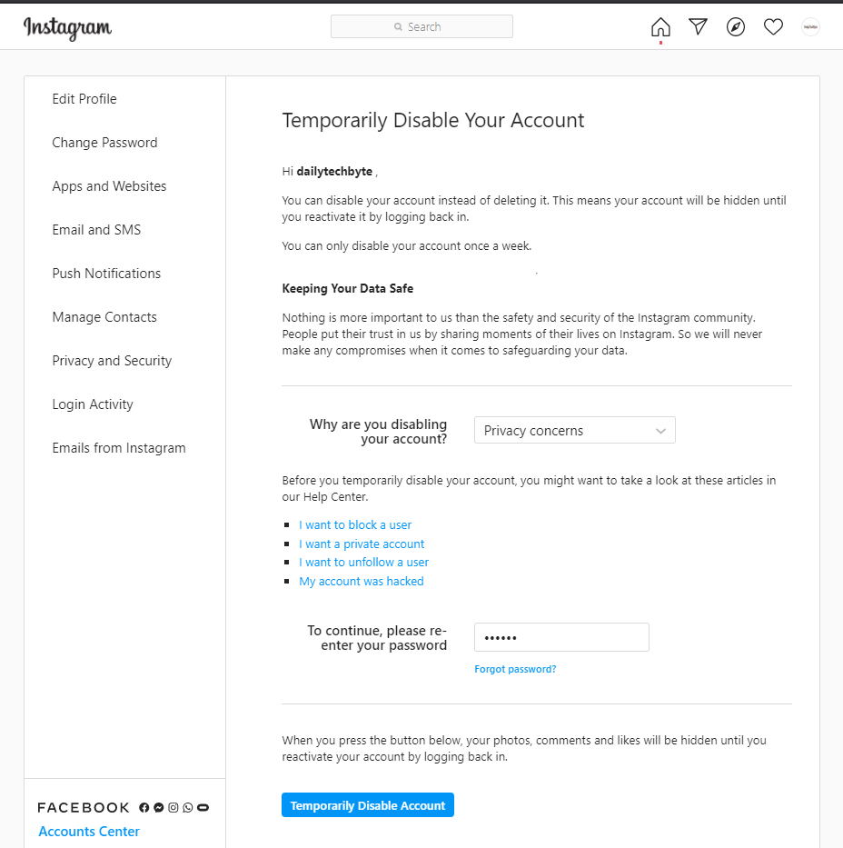Disable Instagram Account Temporarily