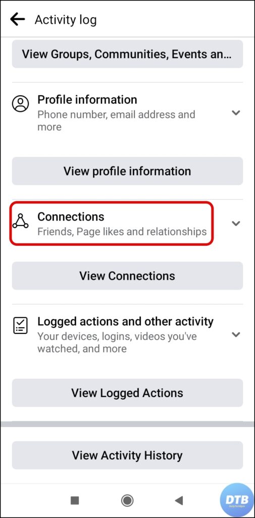 Connections option under Facebook Activity Log