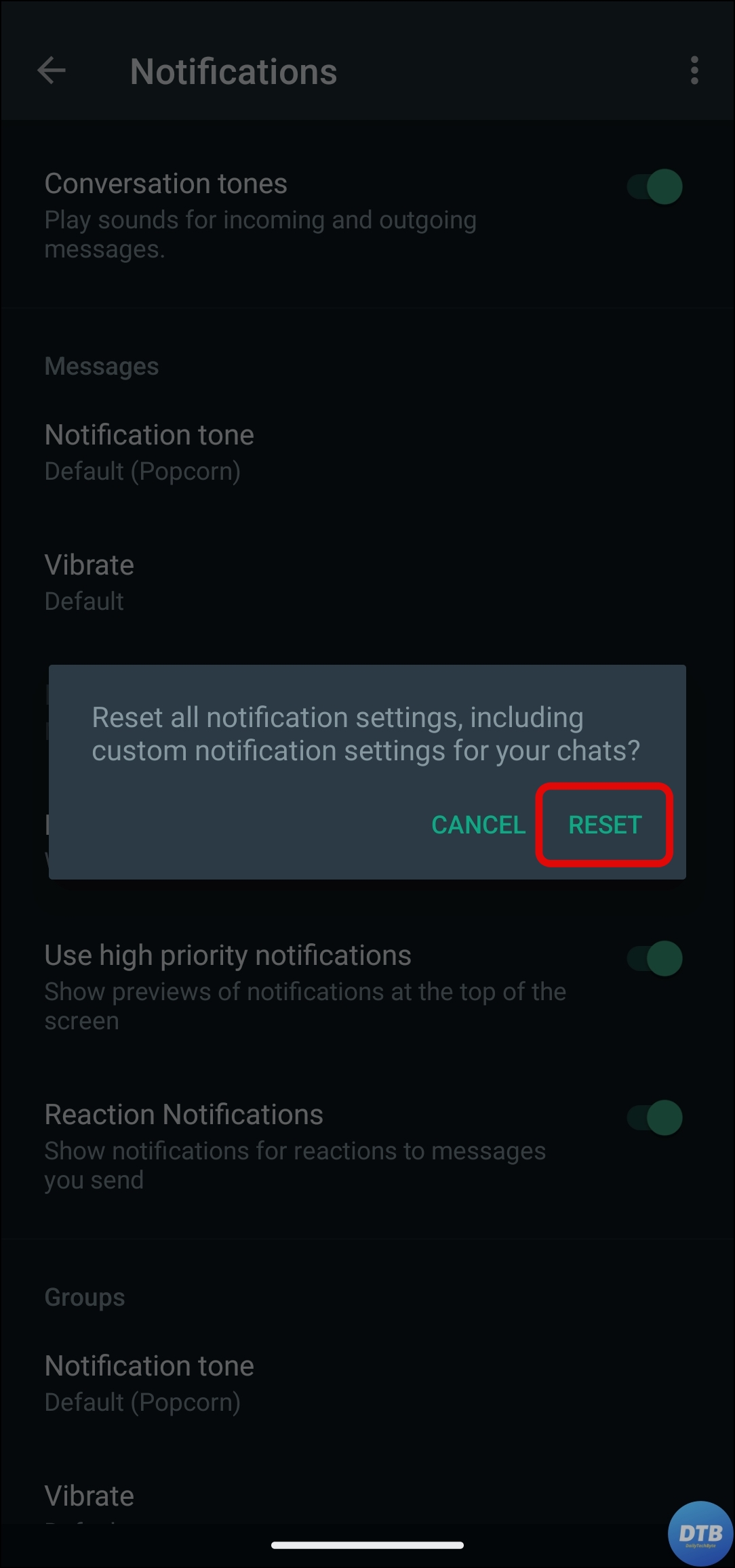 Reset Notification Settings on WhatsApp