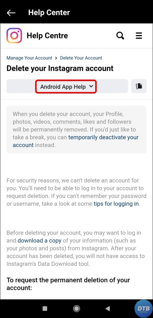 Delete Instagram Permanently on Android