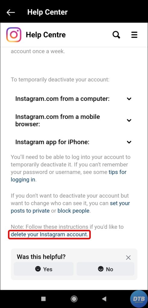 Delete Instagram Permanently on Android