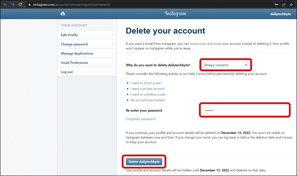 Deactivate Instagram Account Permanently on PC